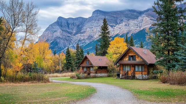 Two cozy cabins nestled in an autumnal landscape with mountains.