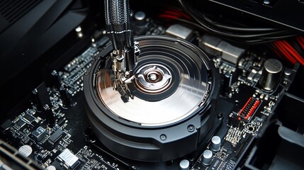Close-up of a Computer's Internal Hard Drive, showcasing intricate detail of its components and their interaction within the motherboard's circuitry.  A technological marvel.