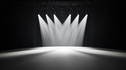 A dark stage illuminated by multiple spotlights, creating a dramatic atmosphere perfect for performances or presentations.