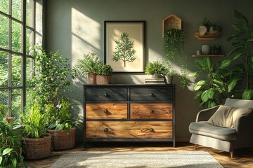 Elegant Living Room Centerpiece: Modern Wooden Dresser with Black Drawers, Enhanced by Soft Morning Light and Greenery