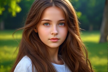 arafed girl with long brown hair and blue eyes in a park