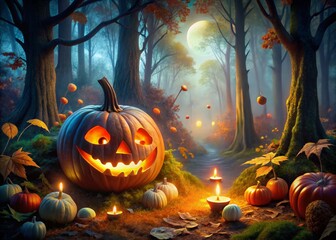 Mystic Forest Halloween Pumpkin: Spooky Autumn Harvest Decoration