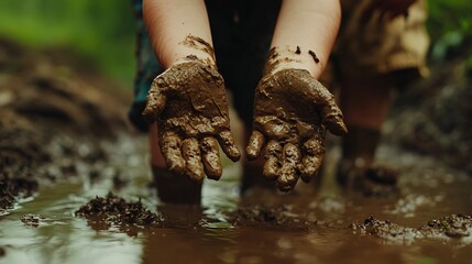 Childrens muddy hands playing in the outdoors