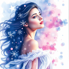 create a "full figure" image, from top of her head to her feet, of a breathtaking, dramatic, celestial, winter snow angel, on netherworld, celestial kimono outfit, smiling, glowing mystic blue eyes, f