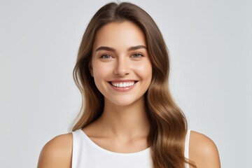 Naklejka premium smiling woman with long brown hair and white tank top