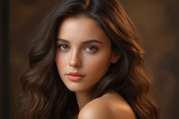 Fototapeta premium arafed woman with long brown hair and blue eyes posing for a picture