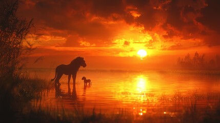 Fototapeta premium Lions at sunset by water, tranquil scene, nature background, possible use for wallpaper, greeting card