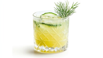 A transparent glass of freshly pressed cucumber juice exhibiting a light green color, with a sprig of dill for garnish, placed on a white background.