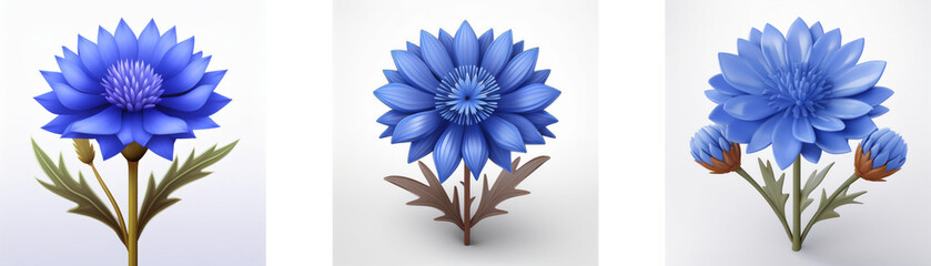 Obraz premium Three illustrations of blue cornflowers with green leaves and brown stems are depicted on a white background.