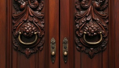 Ornate Dark Wood Double Doors with Intricate Carvings and Brass Hardware