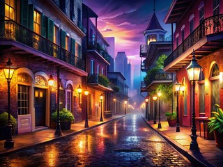 Fototapeta premium New Orleans Night Street Scene: Romantic Gas Lamps & Brick Architecture