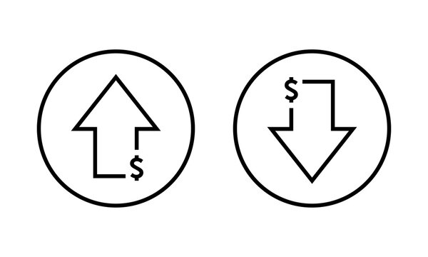 Up and down dollar arrow icon on circle line. USD growth and decline sign symbol