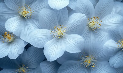Close-up of delicate blue flowers with intricate petals and bright yellow centers, creating a serene background