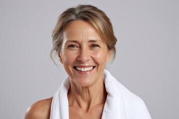 Fototapeta premium smiling woman with white towel wrapped around her neck
