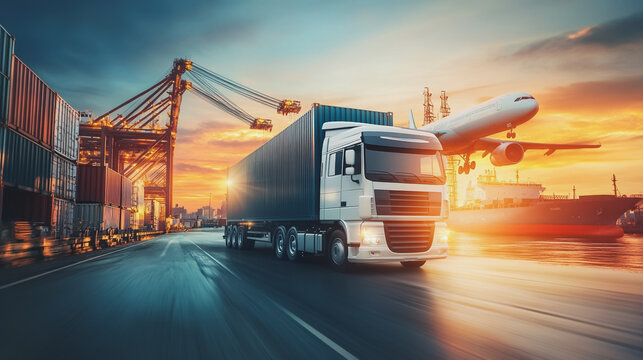 Container truck in ship port for business Logistics and transportation of Container Cargo ship and Cargo plane with working crane bridge in shipyard at sunrise, logistic import export and transport