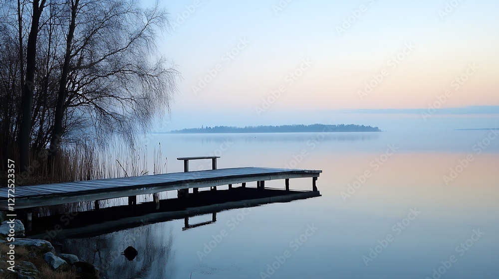 Poster Serene Dock at Dawn with Still Waters and Soft Light for Nature and Tranquility : Generative AI
