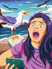 Seagull Attack Surprises Girl at the Beach Coastal Shoreline Digital Art Daytime Close-Up Unexpected Encounter