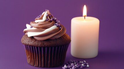 Chocolate cupcake with swirl frosting, purple sprinkles, and lit candle nearby. Perfect for birthday, remembrance, or sympathy themes.