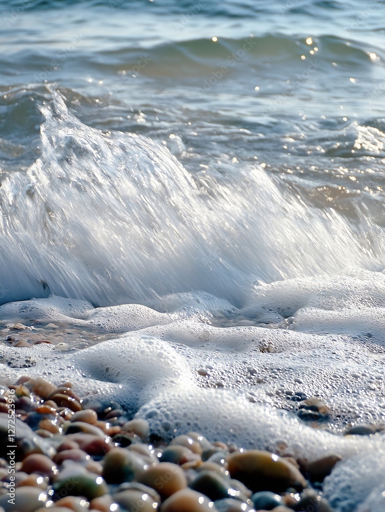Aufkleber gentle ocean waves crashing on colorful pebbles at the beach captured in daylight : generative ai