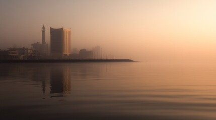 Obraz premium Misty sunrise over calm water with city skyline reflection.