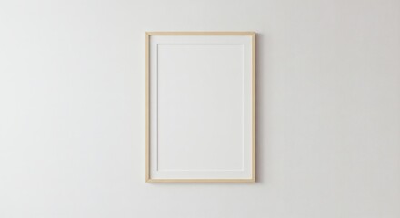 AI Image a minimalist, light wood picture frame with a white matte hangs on a clean white wall, perfect as a mockup for artwork or photos.