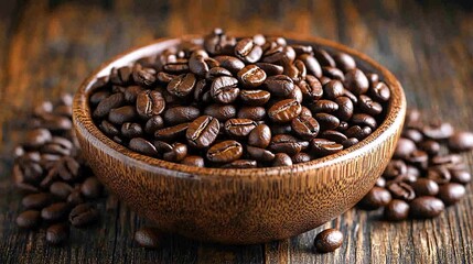 Fototapeta premium Roasted Coffee Beans In Wooden Bowl On Dark Wood