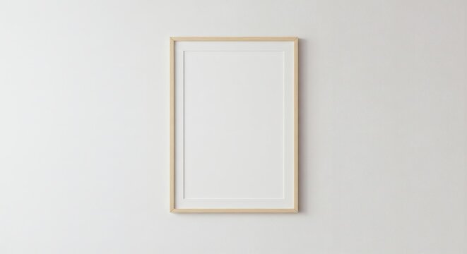 AI Image a minimalist, light wood picture frame with a white matte hangs on a clean white wall, perfect as a mockup for artwork or photos.