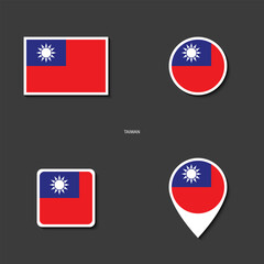 Taiwan flag icon set in different shape (rectangle, circle, square and marker icon) on dark grey background. Taiwan sticker icon collection on barely dark background	
