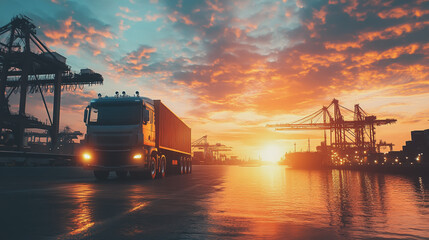 Fototapeta premium Container truck in ship port for business Logistics and transportation of Container Cargo ship and Cargo plane with working crane bridge in shipyard at sunrise, logistic import export and transport