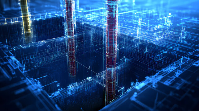 Blueprint of a deep foundation for a bridge, showing drilled piles and support structures, hyper-real and sharp, high-quality graphic style. Hyper-Real Light Reflections. Illustration