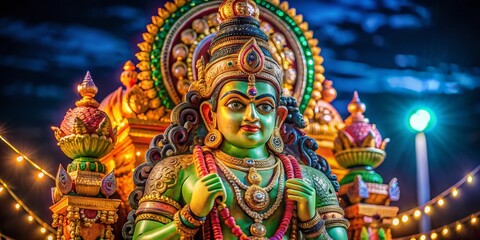 Obraz premium Night Photography: Colorful Hindu Deity Sculpture at Temple