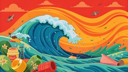 Dynamic Ocean Wave Action Coastal Environment Digital Artwork Vibrant Colors Surreal Perspective Environmental Awareness
