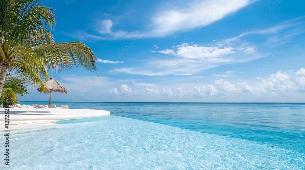 Aufkleber serene tropical beach scene with clear water palm trees and beautiful sky in a tranquil paradise : g