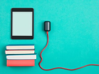 Obraz premium E-reader, books, charging cable on teal background