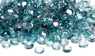 Close-up view of shimmering blue glass pebbles scattered on a white surface, reflecting light