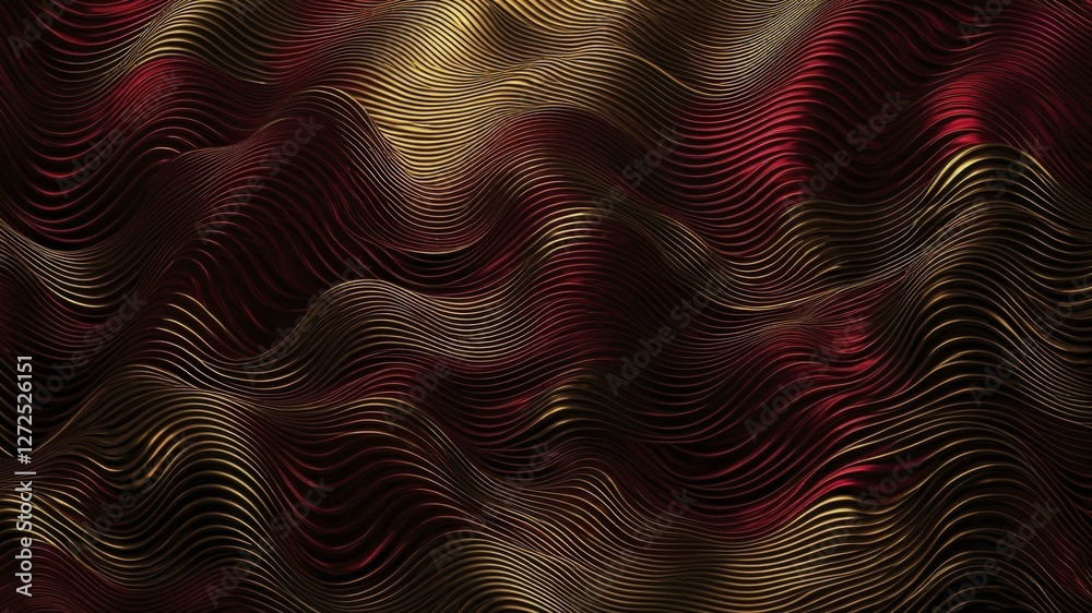 Poster Abstract digital artwork with red and gold undulating waves creating depth and luxury.