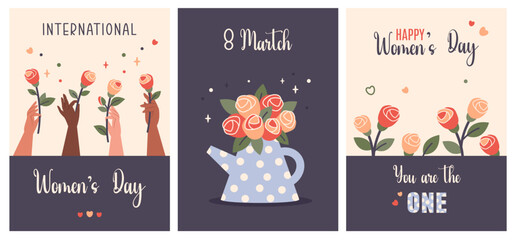 International Womens day posters set. Womens hands of different nationalities holding flowers. Feminism, women empowerment, gender equality concept. Vector illustration