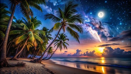 Fototapeta premium Night Photography: Palm Trees Silhouette on Tropical Beach