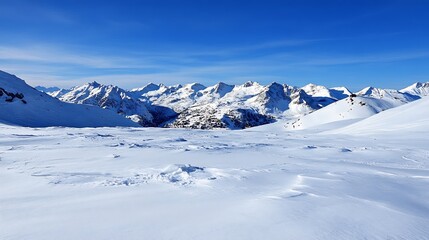 Breathtaking winter landscape featuring snowy mountains under a clear blue sky : Generative AI