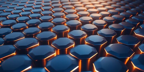 Obraz premium Futuristic hexagonal grid with glowing orange light, representing blockchain, technology, artificial intelligence, digital security, cyber innovation, and modern data network visualization.