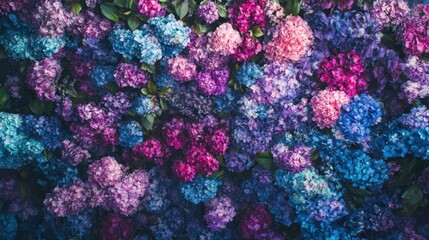 Vibrant hydrangea wall, garden backdrop, colorful flowers, summer bloom, floral texture