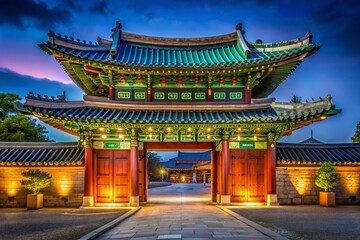 Fototapeta premium Night Photography: Vibrant Korean Gate at Namsangol Hanok Village