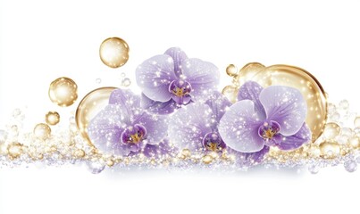 Fototapeta premium Elegant arrangement of purple orchids with golden bubbles and sparkling elements in a serene background