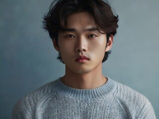 Fototapeta premium Young Asian Man Portrait Serious Expression Grey Sweater