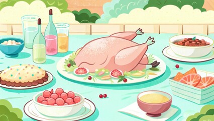 Thanksgiving Feast Celebration Outdoor Garden Illustration Warm Atmosphere Bird's Eye View Seasonal Gathering