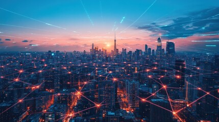 Cityscape Illuminated Network Connections At Sunset