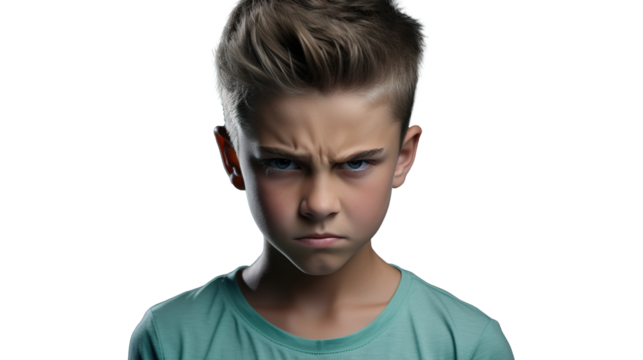 Angry Mad Upset Boy Looking at the Camera Isolated on Transparent PNG Background
