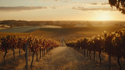 Fototapeta premium Golden Hour Vineyard Sunset Landscape Rows