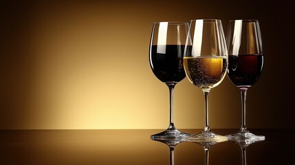 Elegant Display of Three Distinct Wine Glasses Against Gold Background