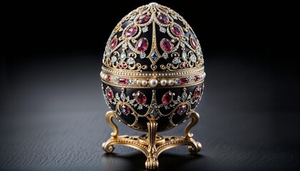 Luxurious decorative egg adorned with jewels and intricate patterns on a black background
